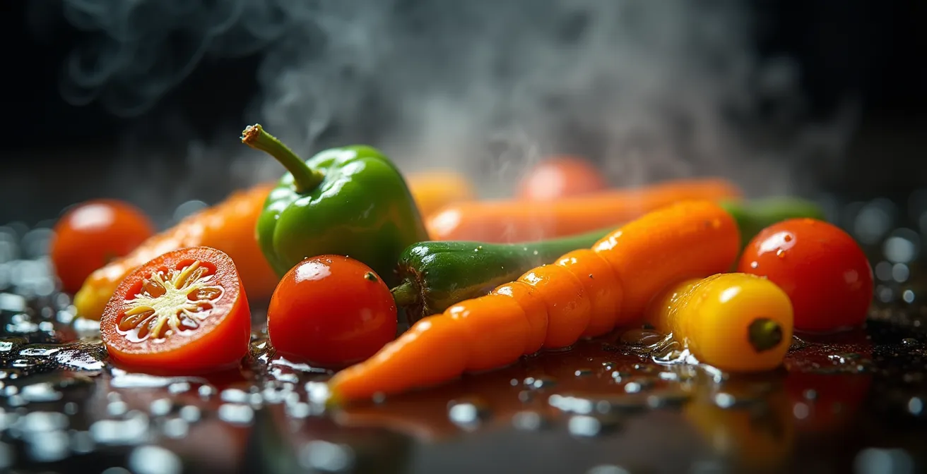 Vue macro sur des légumes grillés avec vapeur et textures visibles