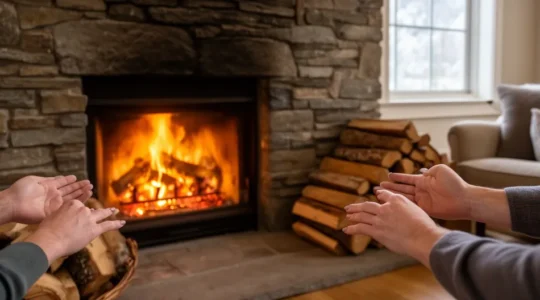 Cheminée à foyer fermé avec flammes dans un salon chaleureux
