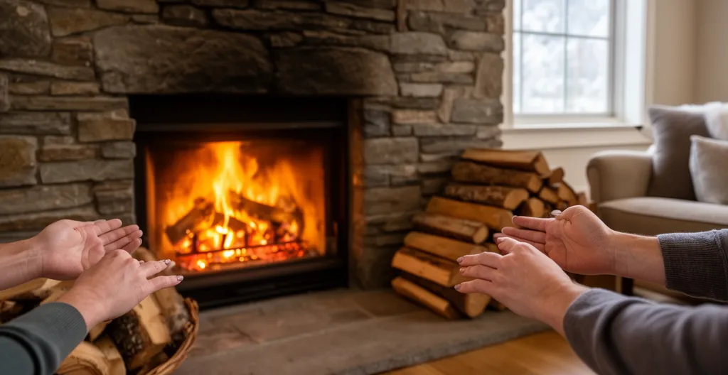 Cheminée à foyer fermé avec flammes dans un salon chaleureux