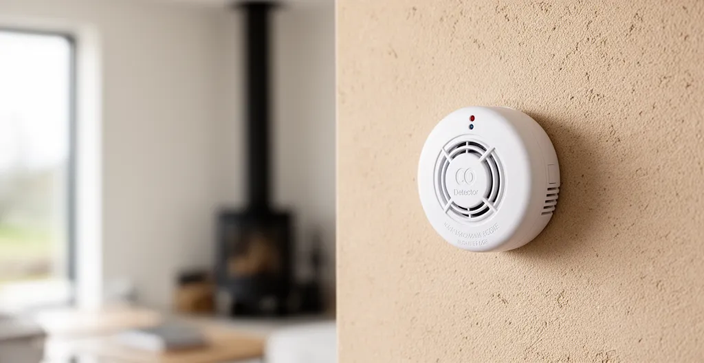 Détecteur de monoxyde de carbone blanc fixé sur un mur beige